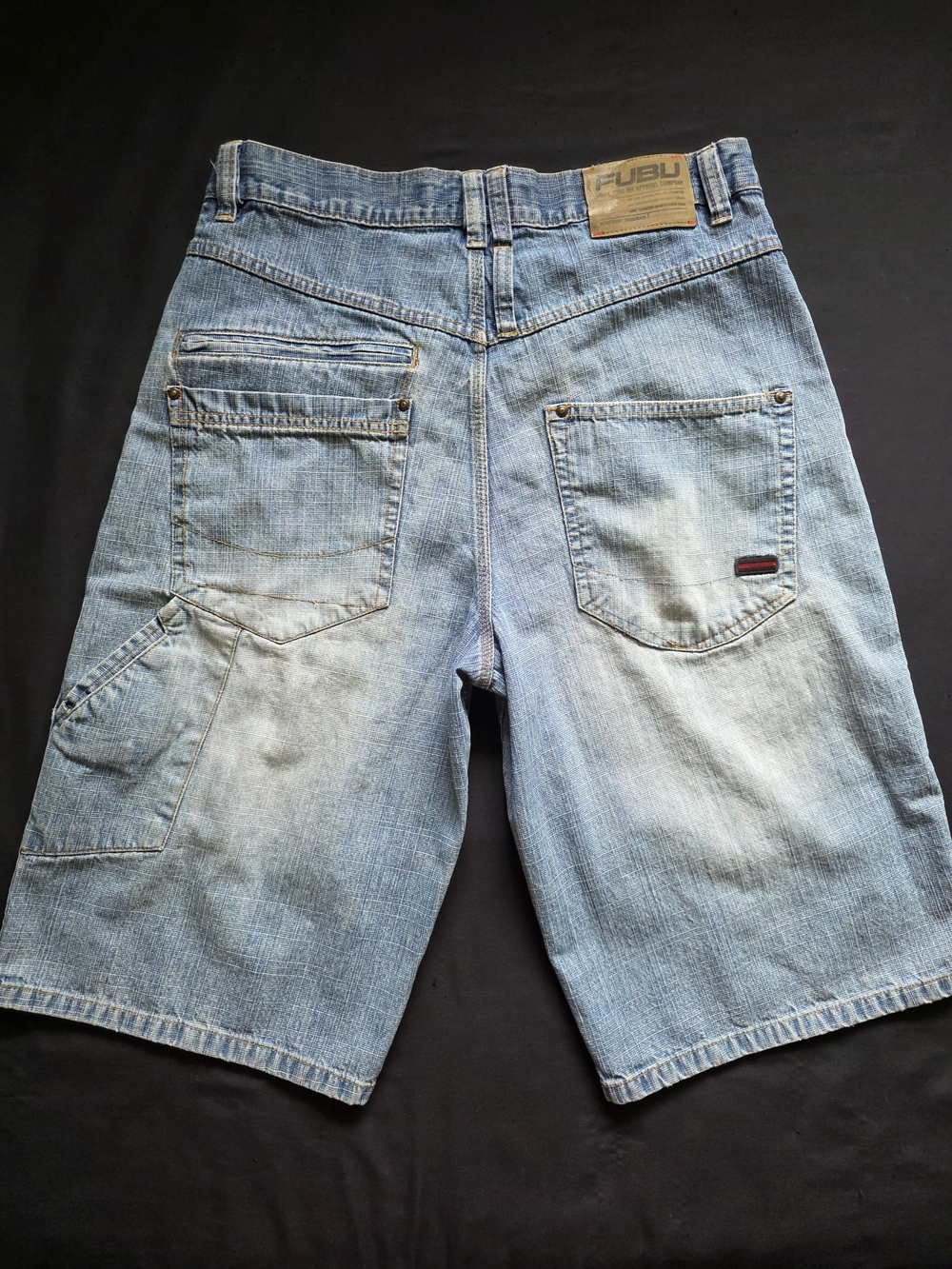 FUBU Mens Y2K Vintage Light Wash Denim Carpenter Shorts Baggy Bermuda Long Jorts